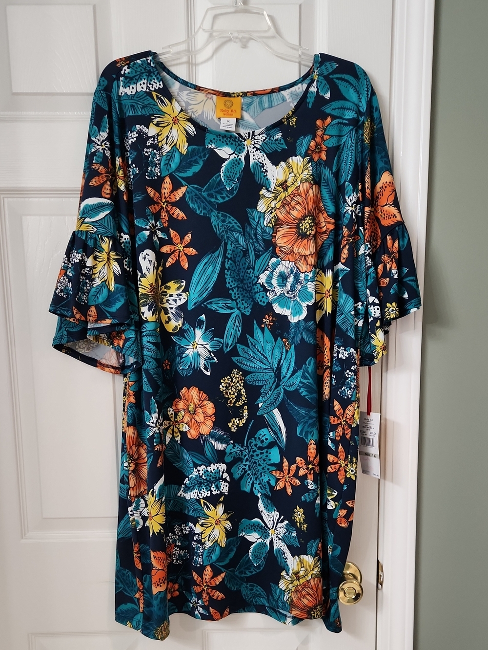 Ruby Rd. Teal & Navy Floral Midi Dress with Orange & Yellow Accents